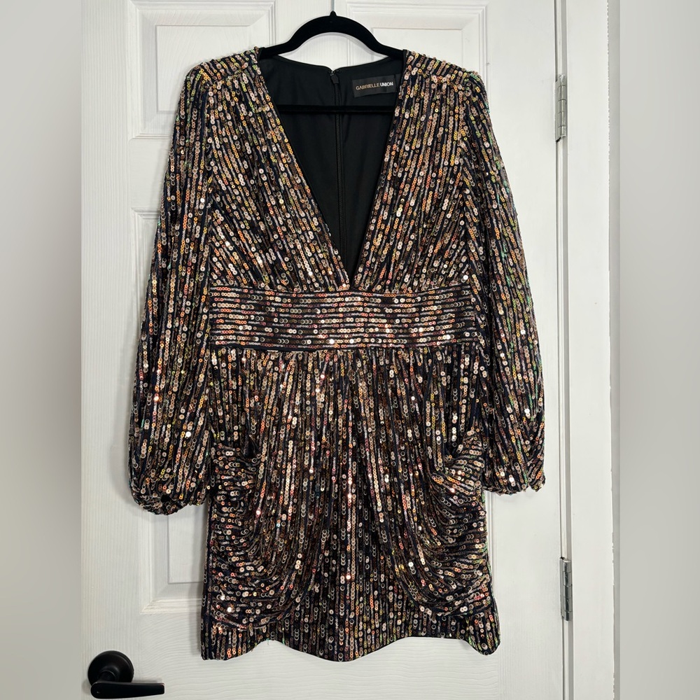Gabrielle Union Full Sequin Long Bishop Sleeve Draped Mini Dress
